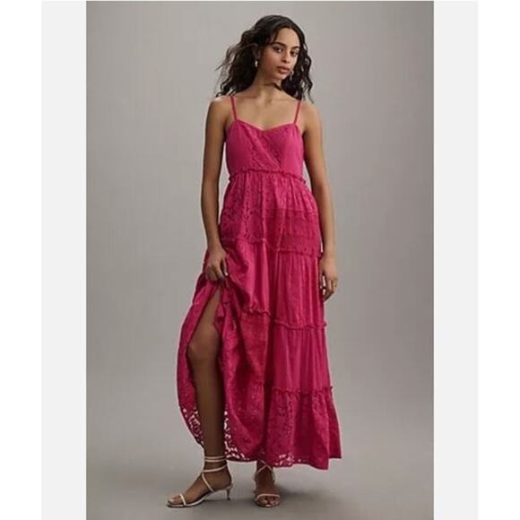 Anthropologie Bhanuni Jyoti Sleeveless Patchwork Lace Tiered Midi Dress Pink S